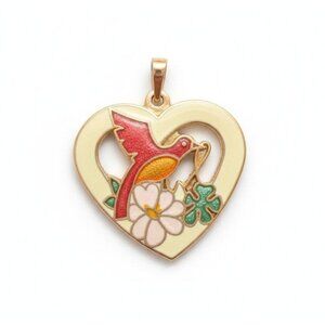 Heart Shaped Pendant With Enamel Hummingbird & Flower Design